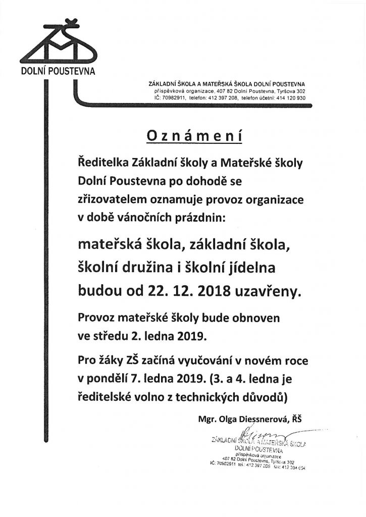 Vánoční prázdniny v ZŠ a MŠ Dolní Poustevna