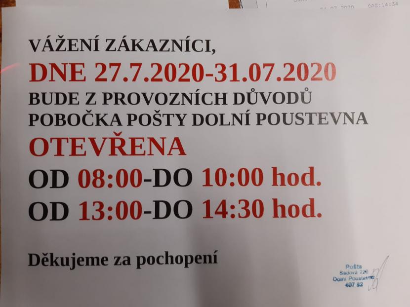 Změna otevírací doby pošty v&nbsp;Dolní Poustevně